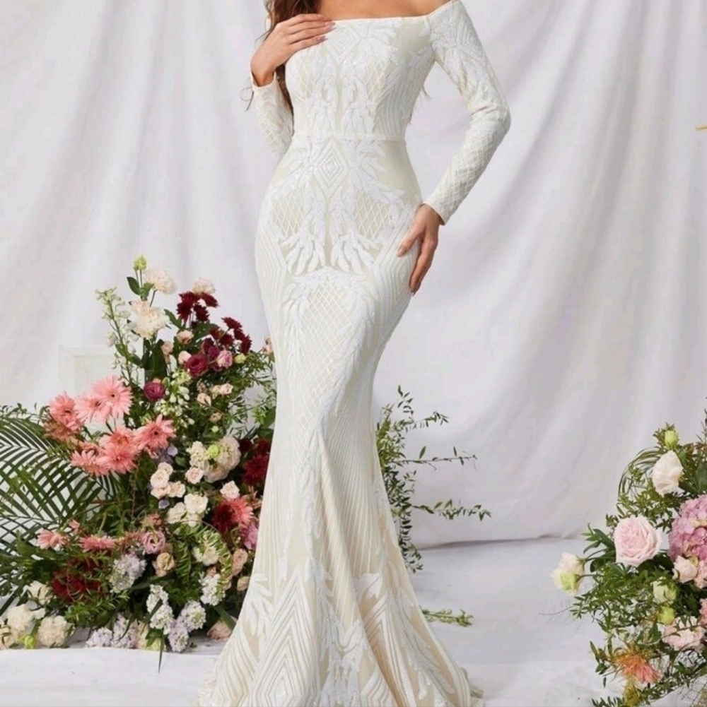 White off the shoulder Sequined Mermaid Gown for Special Events